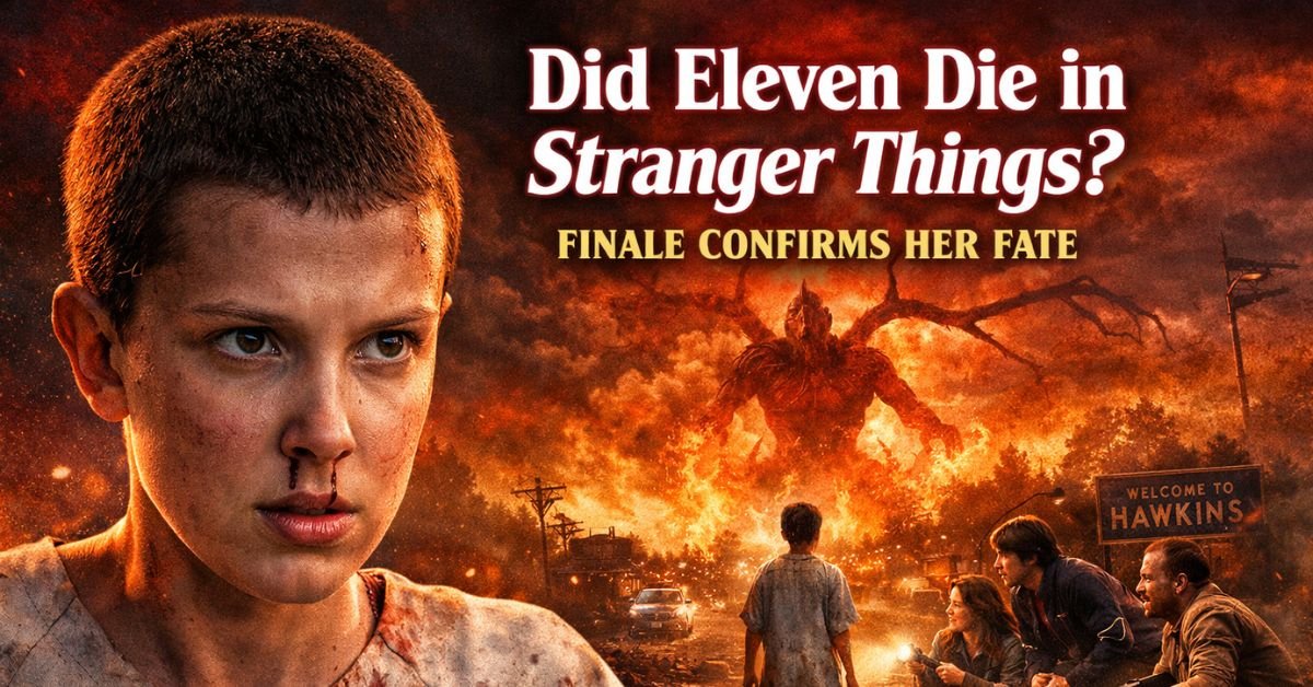 Eleven stands bloodied but determined in the Stranger Things series finale as Hawkins burns behind her during the final battle with the Upside Down.