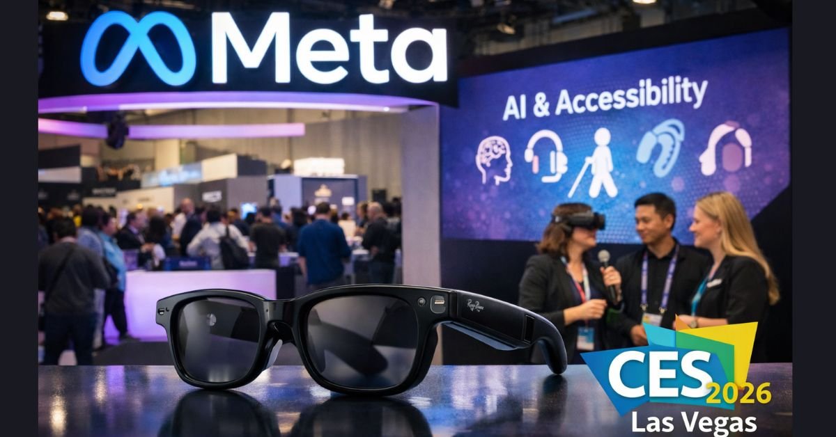 Meta showcases AI-powered smart glasses and accessibility technology at its CES 2026 booth in Las Vegas.