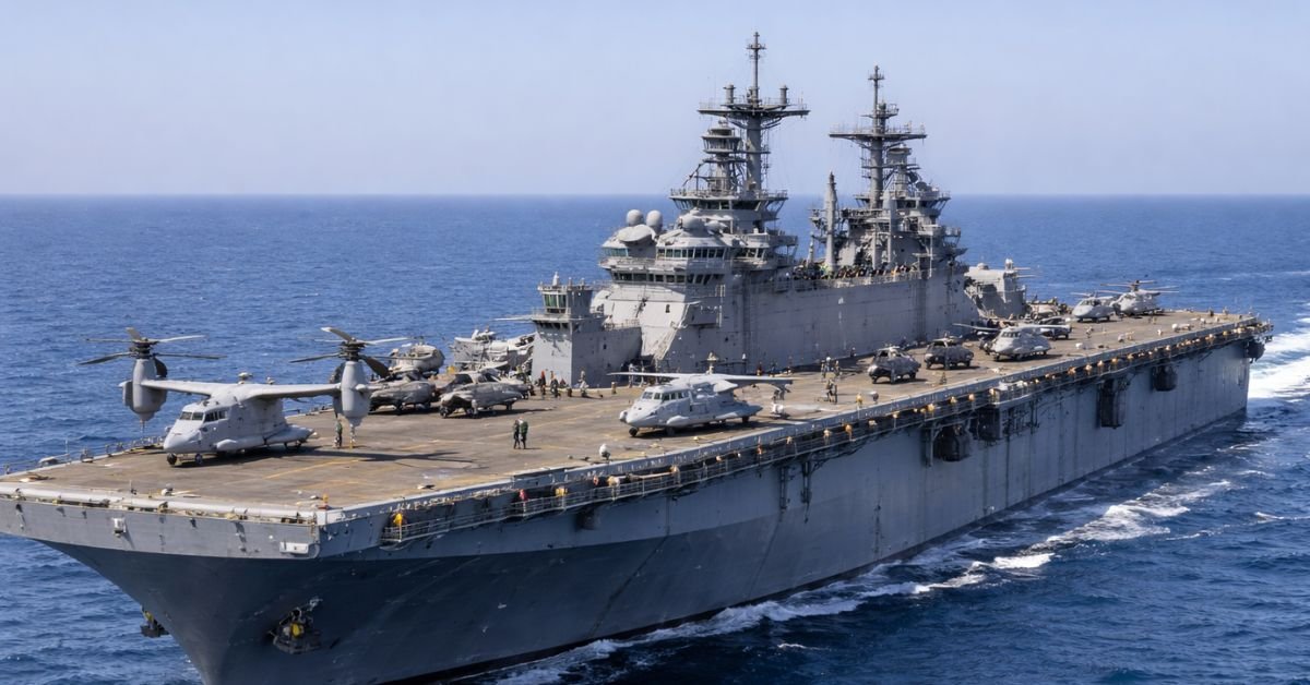 USS Iwo Jima amphibious assault ship underway at sea with helicopters and MV-22 Osprey aircraft on the flight deck.