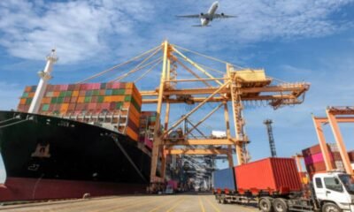 Trading California: Port of Los Angeles with cargo ships and world map connections