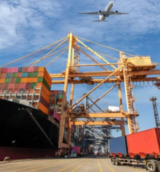 Trading California: Port of Los Angeles with cargo ships and world map connections