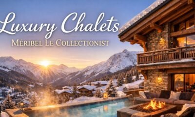 Luxury chalets in Méribel by Le Collectionist with alpine mountain views, infinity pool, and luxury ski chalet at sunset in the French Alps.