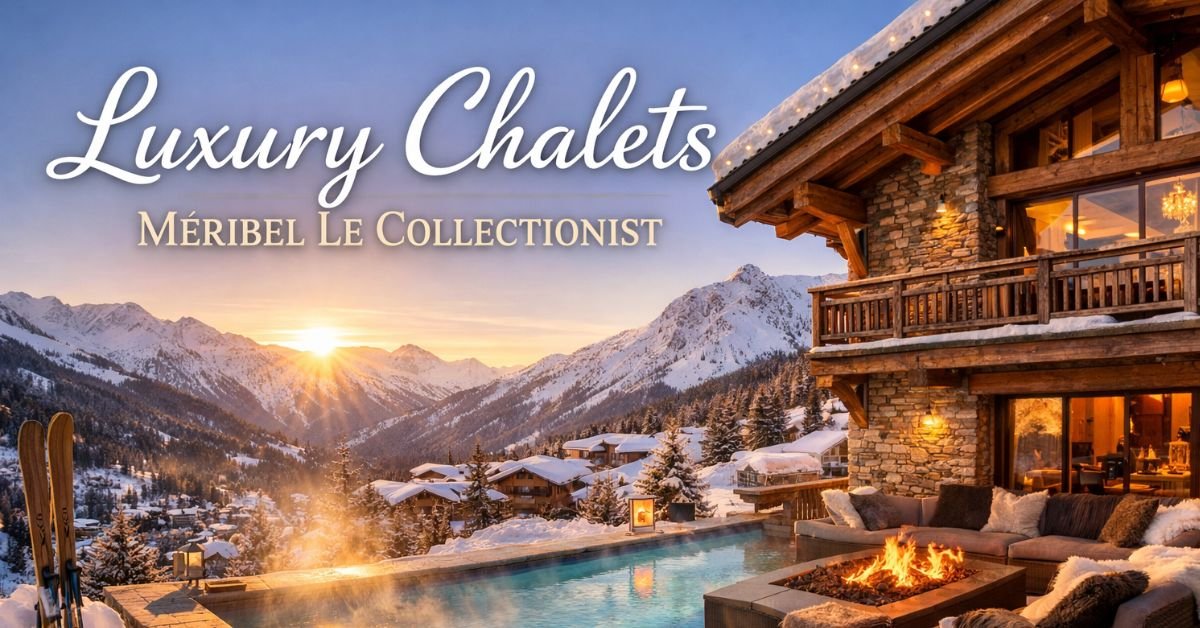Luxury chalets in Méribel by Le Collectionist with alpine mountain views, infinity pool, and luxury ski chalet at sunset in the French Alps.