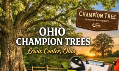 Ohio Champion Trees in Lewis Center, Ohio – large historic oak tree in a scenic field with forestry measuring tools representing Ohio’s champion tree program.
