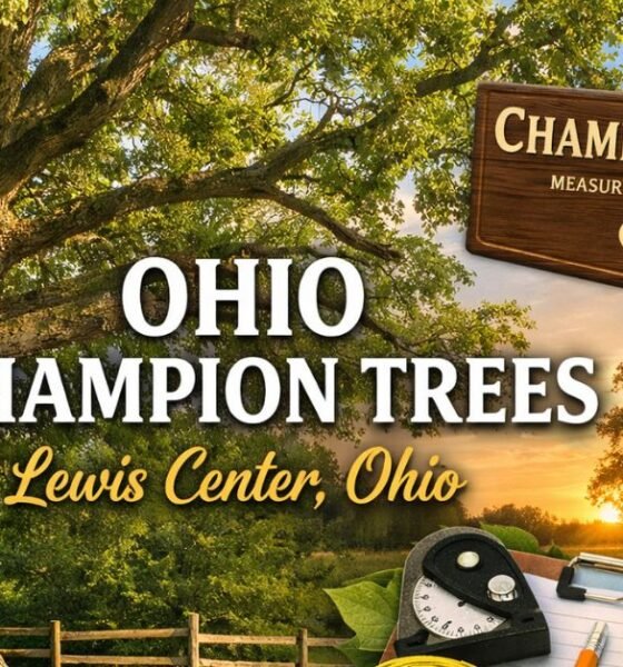 Ohio Champion Trees in Lewis Center, Ohio – large historic oak tree in a scenic field with forestry measuring tools representing Ohio’s champion tree program.
