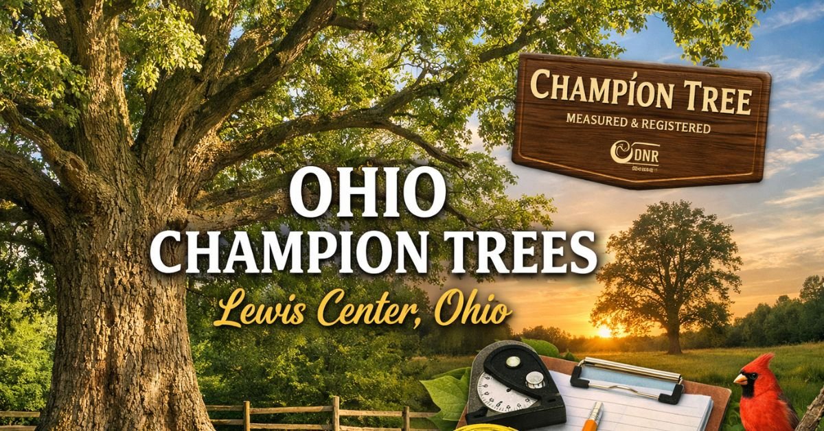 Ohio Champion Trees in Lewis Center, Ohio – large historic oak tree in a scenic field with forestry measuring tools representing Ohio’s champion tree program.