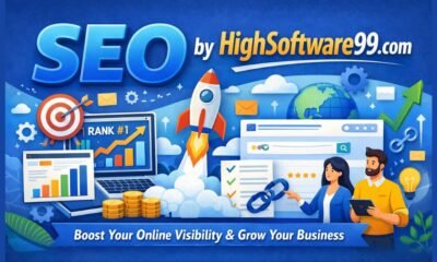 seo by highsoftware99.com digital marketing illustration showing SEO growth, search ranking dashboard, rocket launch, analytics charts, and link building strategy for online visibility.