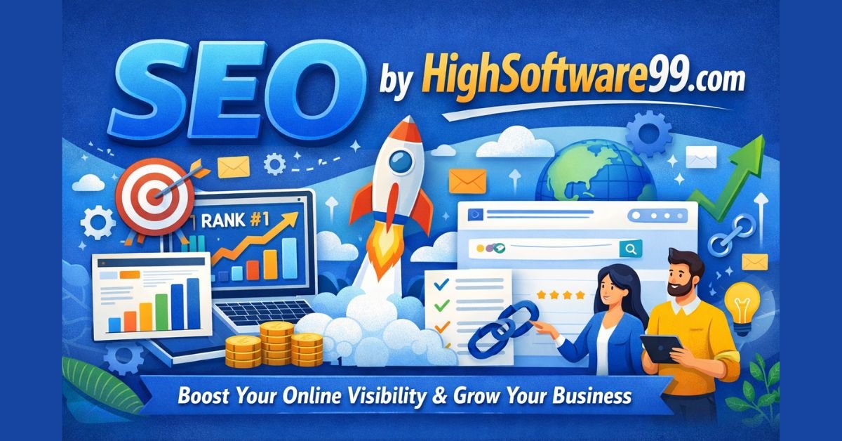 seo by highsoftware99.com digital marketing illustration showing SEO growth, search ranking dashboard, rocket launch, analytics charts, and link building strategy for online visibility.