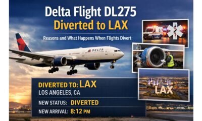 delta flight dl275 diverted lax emergency landing news featured image showing delta airplane approaching Los Angeles International Airport with diversion information graphic