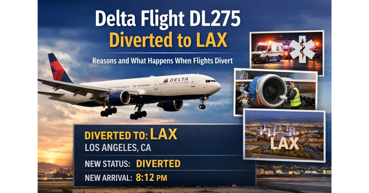 delta flight dl275 diverted lax emergency landing news featured image showing delta airplane approaching Los Angeles International Airport with diversion information graphic